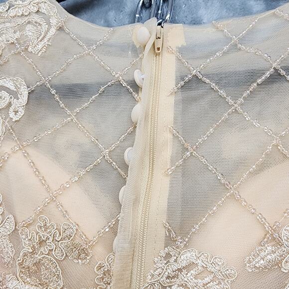 Formal Dress Jacket Set Size 10 Champagne Gold Beaded Lace Chiffon Sheath Party - Picture 8 of 14